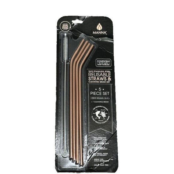 Manna Reusable Straws 5 Pc Rose Gold 18/8 Stainless Steel Bent 10.5 in Brush Set - Picture 1 of 7